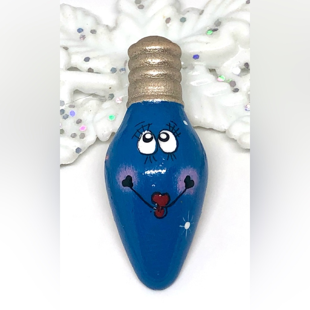 Christmas Light Bulb Blue Wood with Cartoon Face Hand Painted Brooch Pin Kitschy